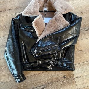 NWT LOVERS AND FRIENDS Black Faux Leather Bomber Jacket with Cream Lining